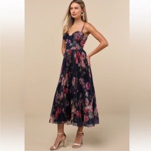 NWT Lulus Alluring Invite Midnight Blue Floral Pleated Bustier Midi Dress Formal